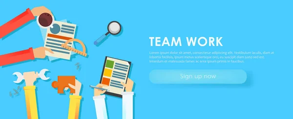 Team werk banner. Handen met objecten document, koffie, puzzel — Stockfoto