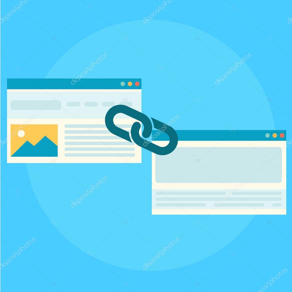 Link building for seo banner. Two pages are connected by a chain