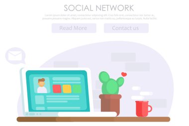 Sosyal ağ afiş. Çalışma alanı ile bir dizüstü bilgisayar, bir açık kullanıcı pencere, kaktüs ve kahve. Tuğla duvar