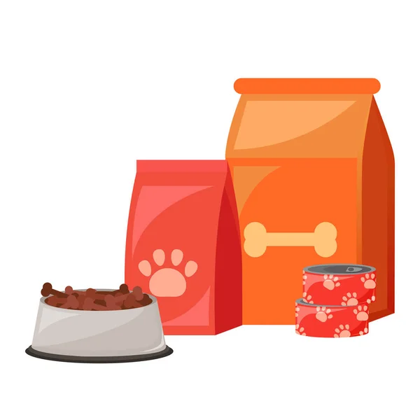 애완 동물 음식입니다. 고양이 개 들을 위한 음식입니다. 그릇, 포장, 광고 — 스톡 벡터