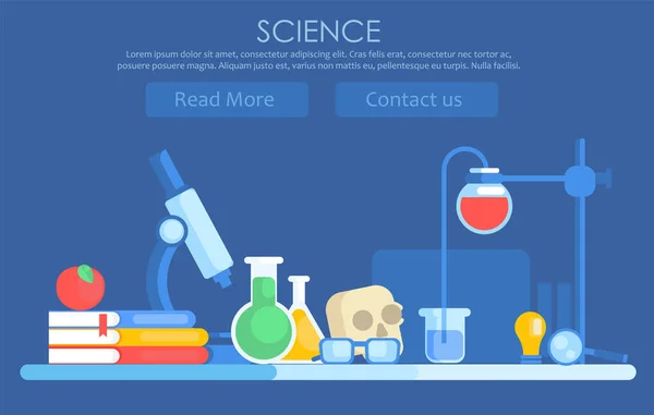 Science banner. Chemical laboratory, skull, books, apple, glasses, table — Stock Photo, Image