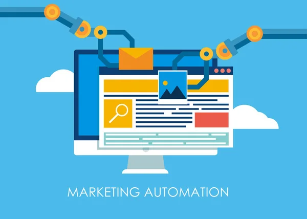 Marketing Automation. Számítógép-val egy oldal, amely épít a robot kezét. — Stock Vector