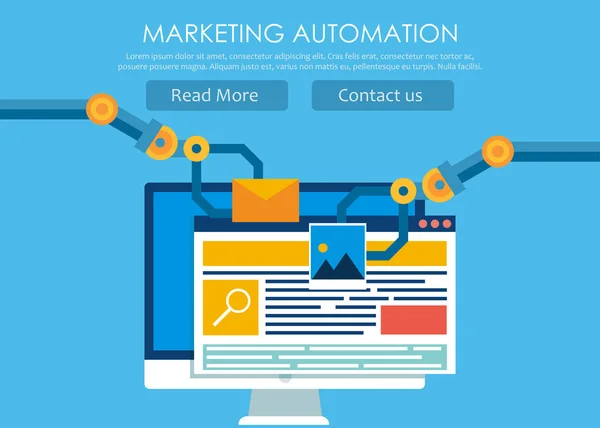 Automazione di marketing. Computer con un sito che costruisce le mani del robot . — Vettoriale Stock