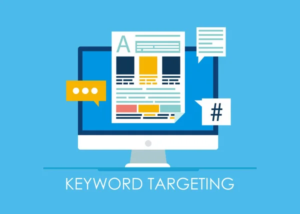 Keyword Targeting Banner. Computer met tekst en pictogrammen — Stockvector