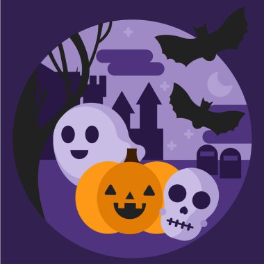 Azaltma, kabak, kafatası ve yarasalar bir karanlık Kalesi ve mezar geceleri arka planı