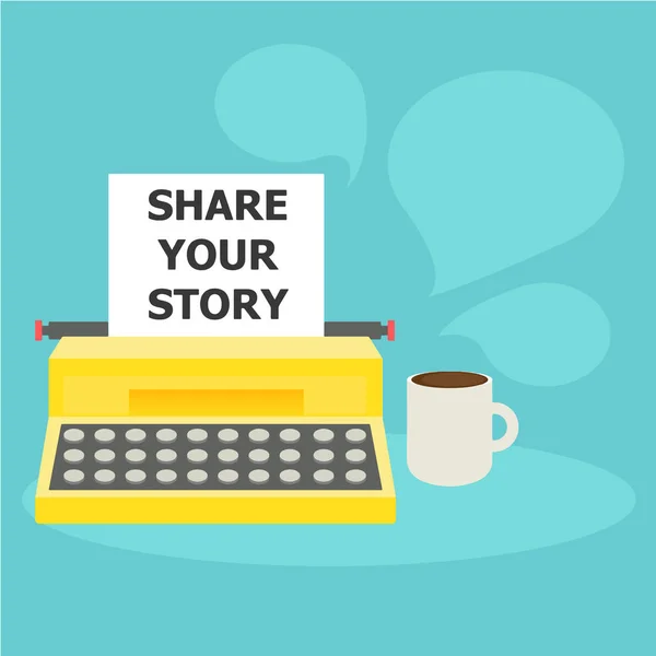 Podziel swój banner historię. Maszyny do pisania z papieru oraz zestaw do kawy i tekst — Wektor stockowy