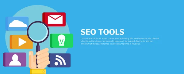 Bandiera Seo tools. Mano con lente d'ingrandimento e icone con strumenti . — Vettoriale Stock