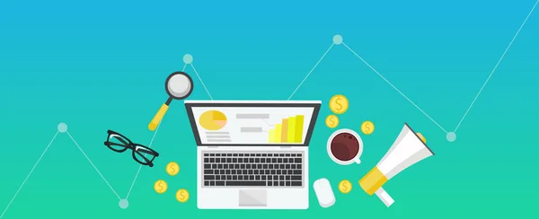 Digital marketing transparent gradientu. Pracy z laptopa, Kawa, papier, pieniądze, telefon — Wektor stockowy