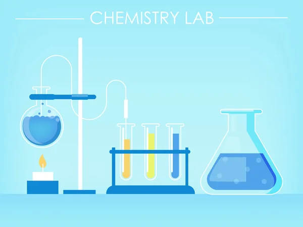 Banner do laboratório de química. Tubos de ensaio, experiências, fogo . —  Vetores de Stock