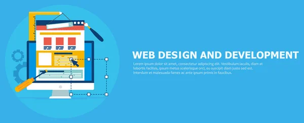 Web design a vývoj nápis. Počítač s nástroji a konstruktor stránek — Stockový vektor