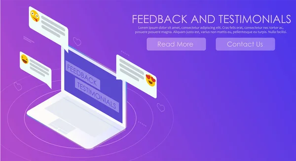 Feedback and testimonials gradient banner. Computer with reviews and emoticons — Stock Photo, Image