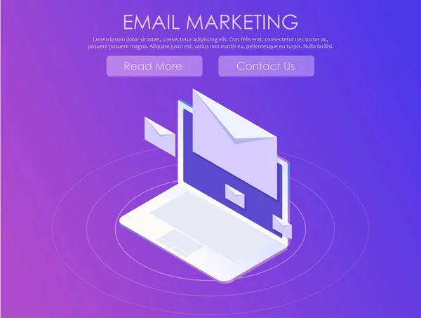 E-Mail Marketing Banner. Computer auf abstraktem Gradienten-Hintergrund mit Umschlägen — Stockfoto