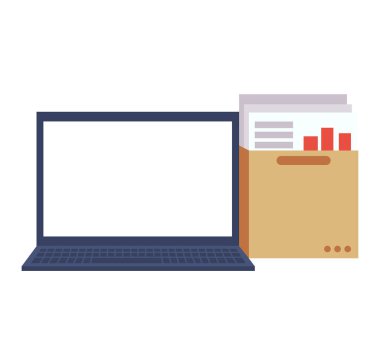 Bir klasör belge ve grafikler ile izole laptop. Çalışma alanı