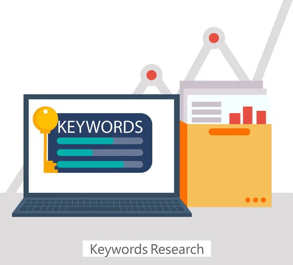 Palavras-chave Banner de pesquisa. Laptop com uma pasta de documentos e gráficos e chave . — Vetor de Stock