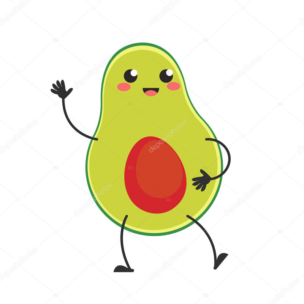 A cute avocado character. Dancing and waving. Smile face