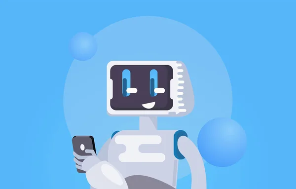 Chat Bot Carta da parati gratuita. Il robot tiene il telefono, risponde ai messaggi — Vettoriale Stock