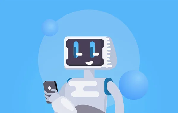 Chat Bot Free Wallpaper. The robot holds the phone, responds to messages — Stock Vector