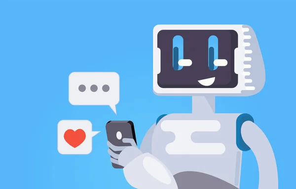 Chat Bot Free Wallpaper. De robot houdt de telefoon, reageert op berichten — Stockvector