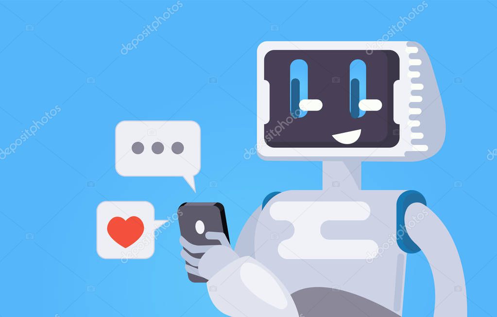 Chat Bot Free Wallpaper. The robot holds the phone, responds to messages