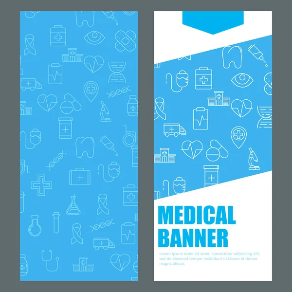 Banner azul vertical con iconos médicos y lugar para texto — Archivo Imágenes Vectoriales