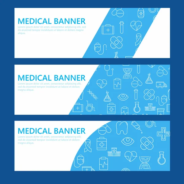 Bandiera orizzontale blu con icone mediche e posto per il testo — Vettoriale Stock