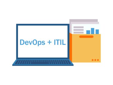 Devops Ayrıca ITIL. Belgeler ve grafikler ile bir klasör ile dizüstü bilgisayar
