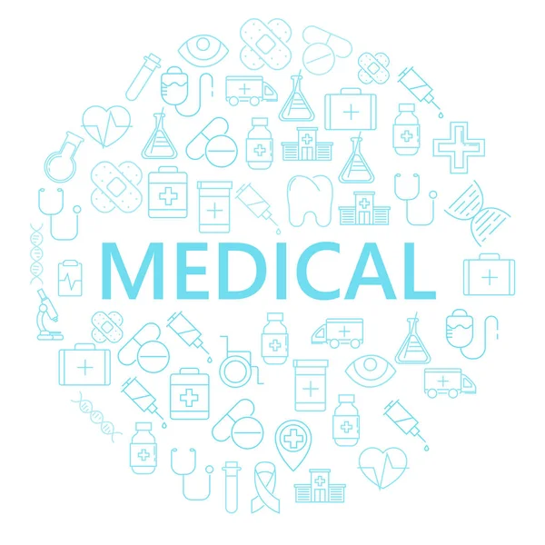 A circle of medical line icons in the center of which is a place for text — Stock Vector