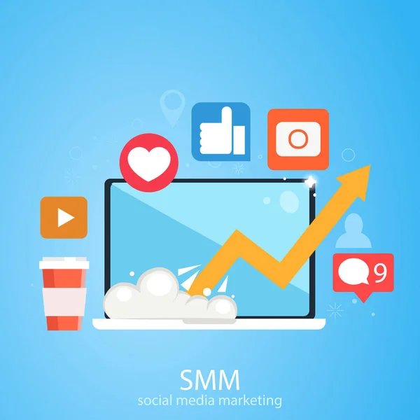 Banner de Social Media Marketing. Ordenador portátil con horario de crecimiento, iconos con las redes sociales . — Vector de stock