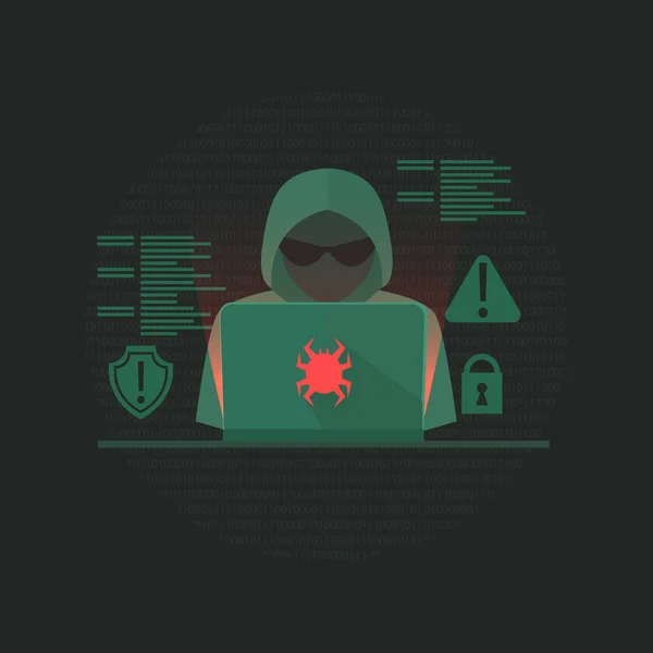 Banner de atividade de hackers. Programador escreve vírus e hacks. Dos ataque . — Vetor de Stock