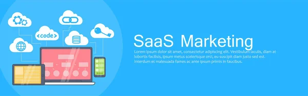 Banner de Marketing SaaS. Ordenador portátil, tableta y teléfono, almacenamiento en la nube con iconos — Archivo Imágenes Vectoriales