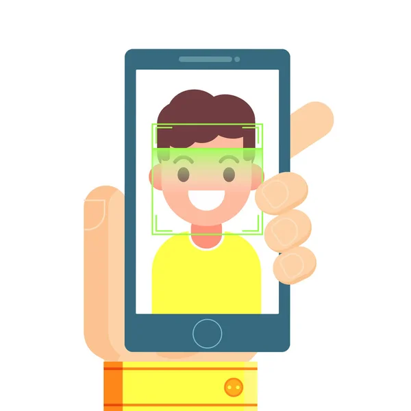 Gesichtserkennung und mobile Identifikation. junger Mann entsperrt ihr Smartphone oder ihre App — Stockvektor