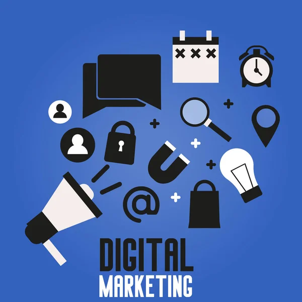 Banner di marketing digitale. Su sfondo blu Una casella di grido con le icone seo, utente, calendario, ricerca . — Foto Stock