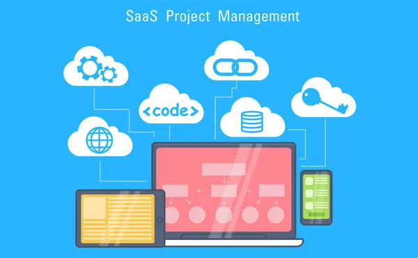Banner de gestión de proyectos SaaS. Ordenador portátil, tableta y teléfono, almacenamiento en la nube con iconos —  Fotos de Stock
