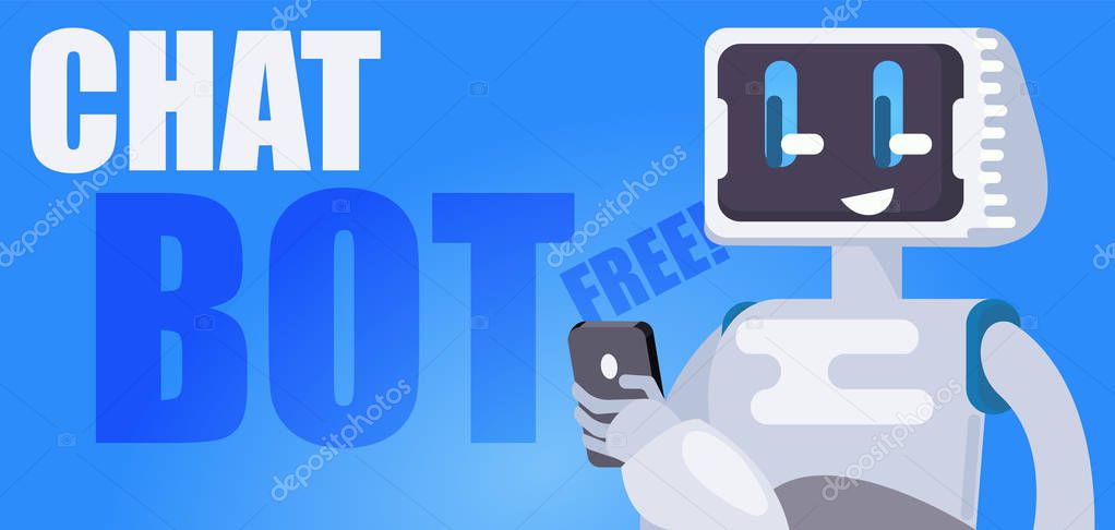 Chat Bot Free Horizontal Banner. The robot holds the phone, responds to messages
