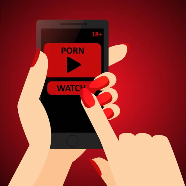 Um aplicativo com um site pornô na mão de uma mulher. Reproduz o vídeo. Dezoito mais conteúdo —  Vetores de Stock