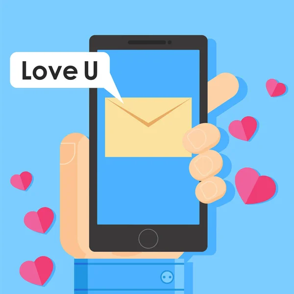 Des textos amusants. Envoyez une confession d'amour. Téléphone en main avec lettre et coeur — Image vectorielle