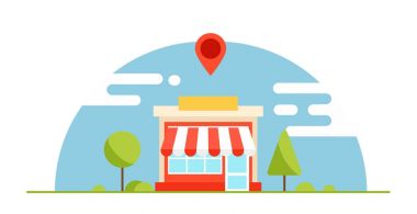 Yerel işletme optimizasyonu afiş. Alışveriş karlı olduğunu. Ağaçlar ve dağlar ile yatay arka plan