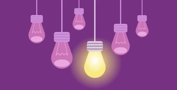 Banner de innovación. Varias lámparas sobre un fondo púrpura, una de las cuales enciende el resto apagado — Vector de stock