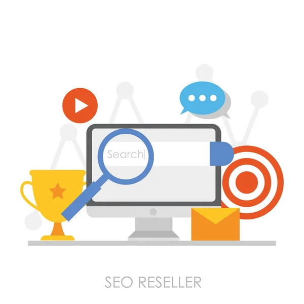 Seo Reseller Banner. Personal Computer mit zunehmender Grafik, Suchoptimierung, Zielen und Erfolgen — Stockvektor