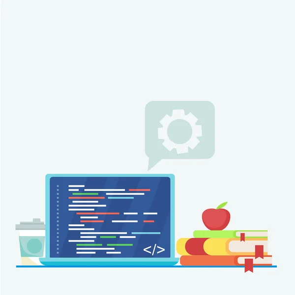 Programmierer-Arbeitsplatz. Code auf einem Laptop schreiben. Kaffee, Bücher, Snacks und Kakteen auf dem Tisch — Stockvektor