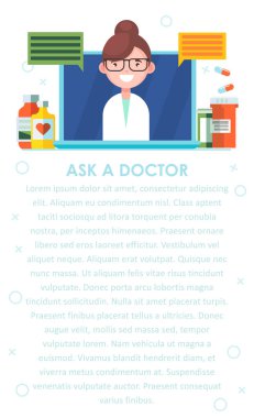 Doktor ile dikey online konsültasyon banner. Hemşire laptop sorulara cevaplar. Tablo hapları ve ilaçlar ve yemek tarifleri