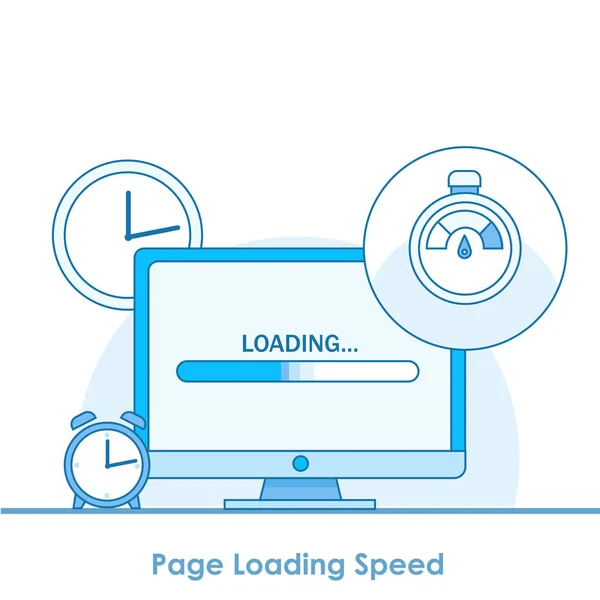 Page loading speed banner. Computer with clock and load optimization check — Stock Vector