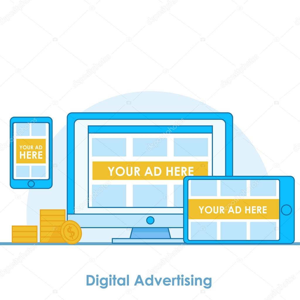Digital Advertising seo banner. Computer, phone and tablet with adaptive design with ads and pay per click 
