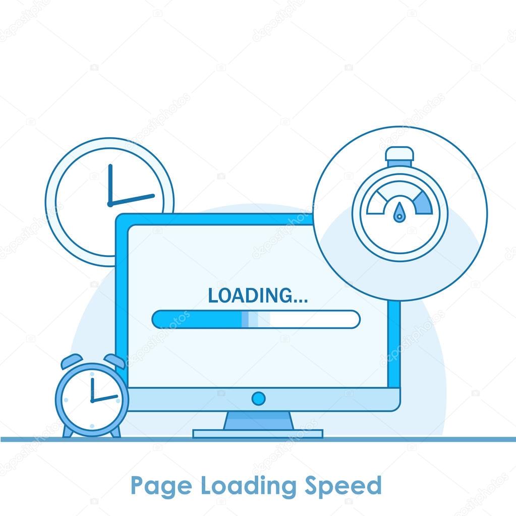 Page loading speed banner. Computer with clock and load optimization check