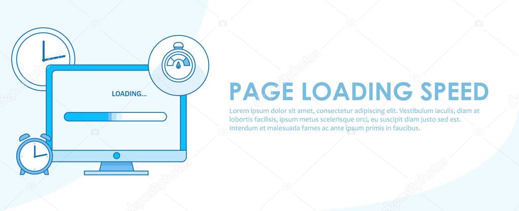 Page loading speed banner. Computer with clock and load optimization check