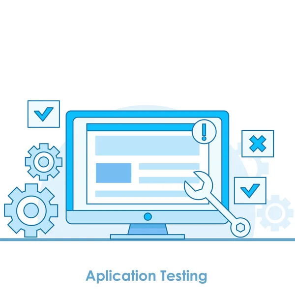 Alkalmazás tesztelés banner. Egy számítógép-val egy teszt oldal ablak, és a programok. Értesítések és fogaskerekek. — Stock Vector