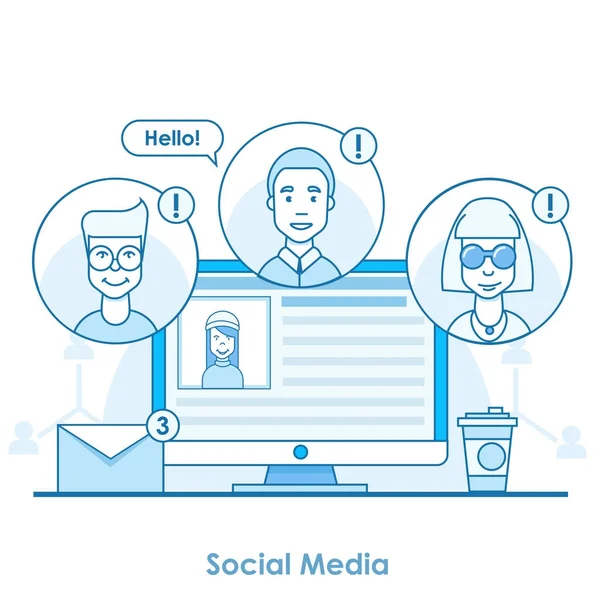 Strategi för sociala medier banner. En dator med ett öppet nätverk. Vänner skicka meddelanden, sätta lik, anmälningar — Stock vektor