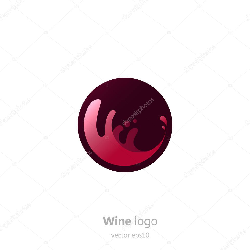 Logo round with a glass of wine. Capsule with liquid in motion. Vector gradient flat illustration