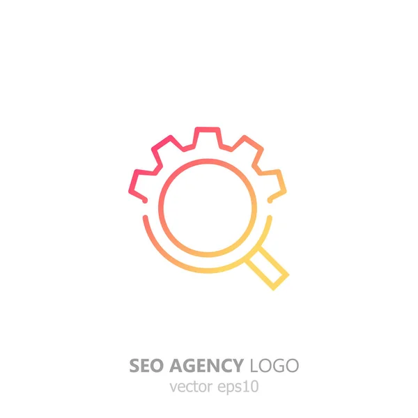 Logo of the seo agency. Magnifying glass with gear. Search and setup — Stock Vector