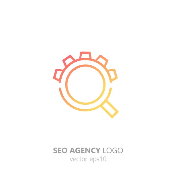 Logo of the seo agency. Magnifying glass with gear. Search and setup — Stock Vector